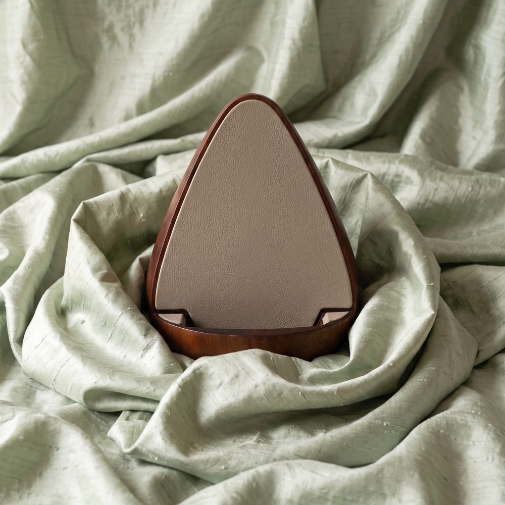 Stèle en noyer garnie de beige, posée dans une soie vert pâle