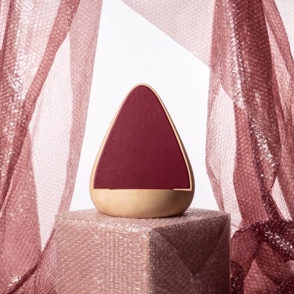 Stèle en bois clair garnie de cuir bordeaux, posée sur un socle entouré de papier bulle rose