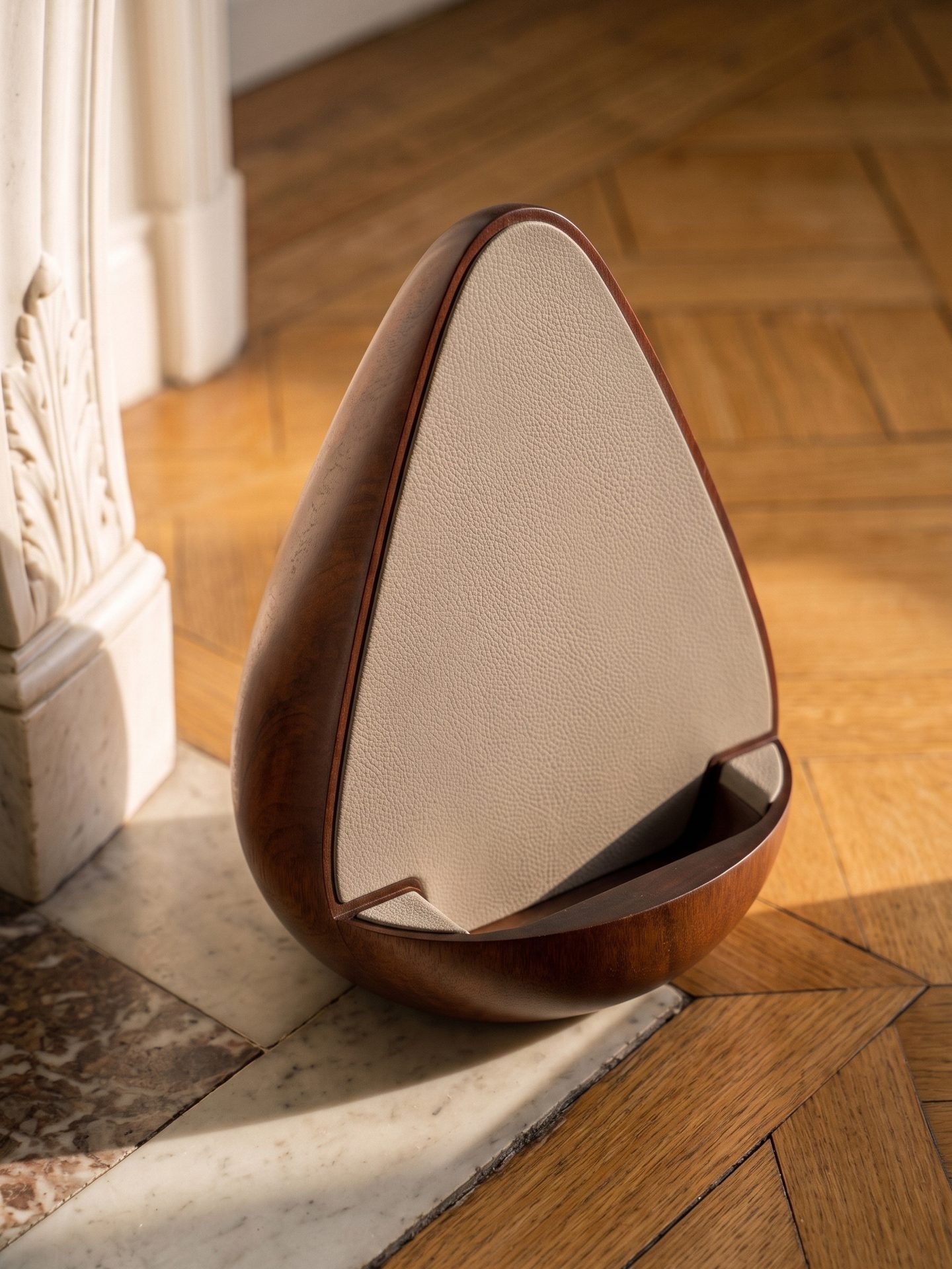 Stèle en noyer garnie de cuir beige, au pied d'une cheminée en marbre
